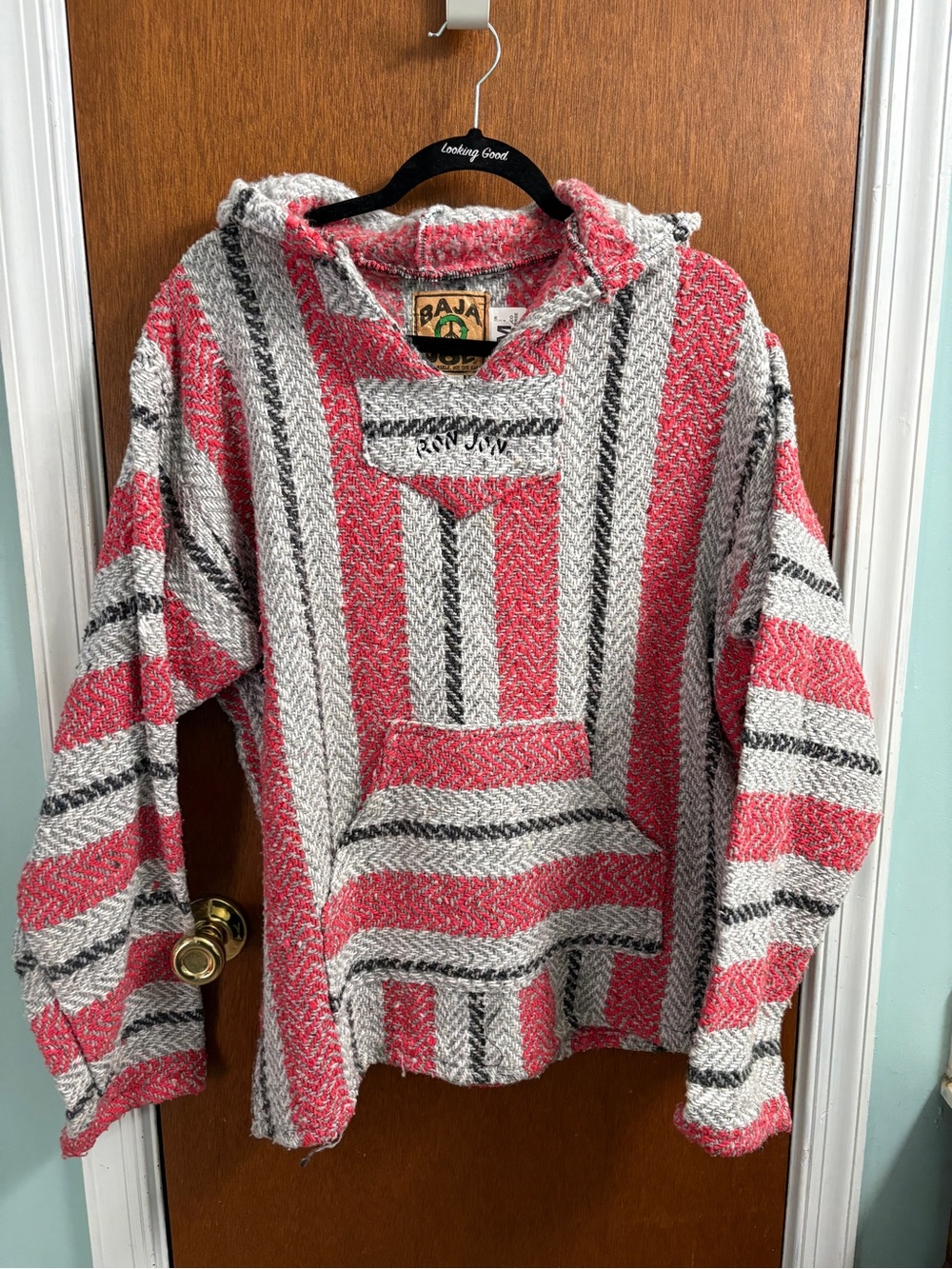 Baja Style Hooded Pullover with Coral & Cream Stripes